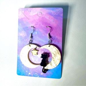 Black cat crescent moon stainless steel earrings
